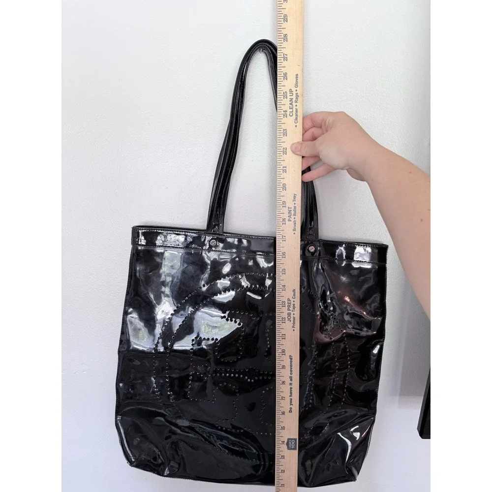 Tory Burch Black Patent Leather Monogram Tote Bag 17x17 Large Carry All Classic